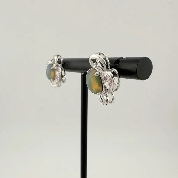 Mesmerizing Natural Cabochon Black Opal Earrings Diamond Accent Sterling Silver